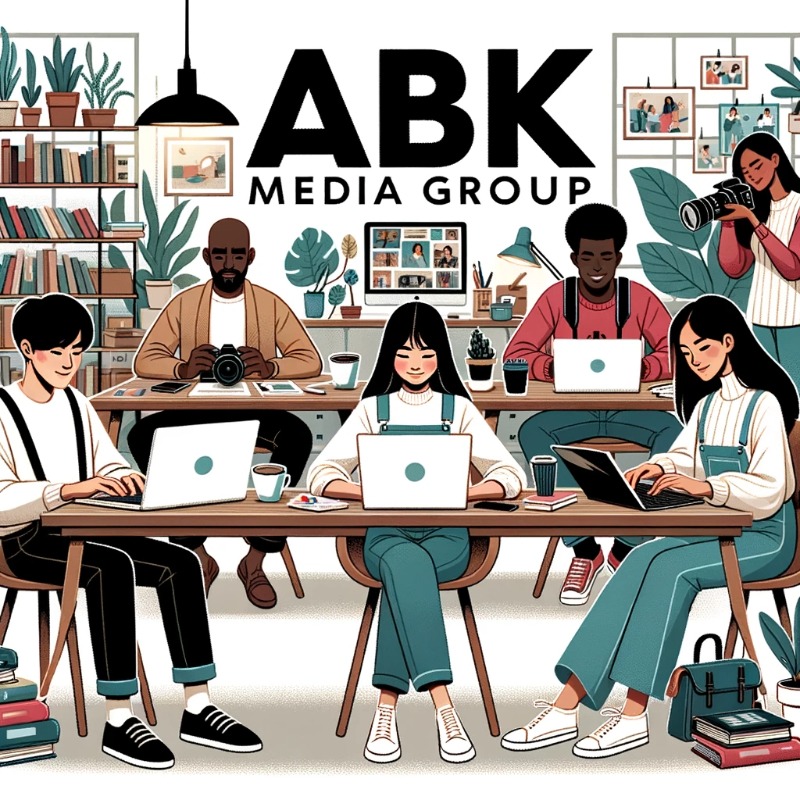 Illustration showing diverse bloggers at work in an open-plan office. A young Asian woman types on a laptop with a coffee beside her, a middle-aged African man writes in a notebook, and a Latina woman snaps photos with a camera. The environment is filled with plants, books, and art supplies. The ABK Media Group logo is in the top right corner.